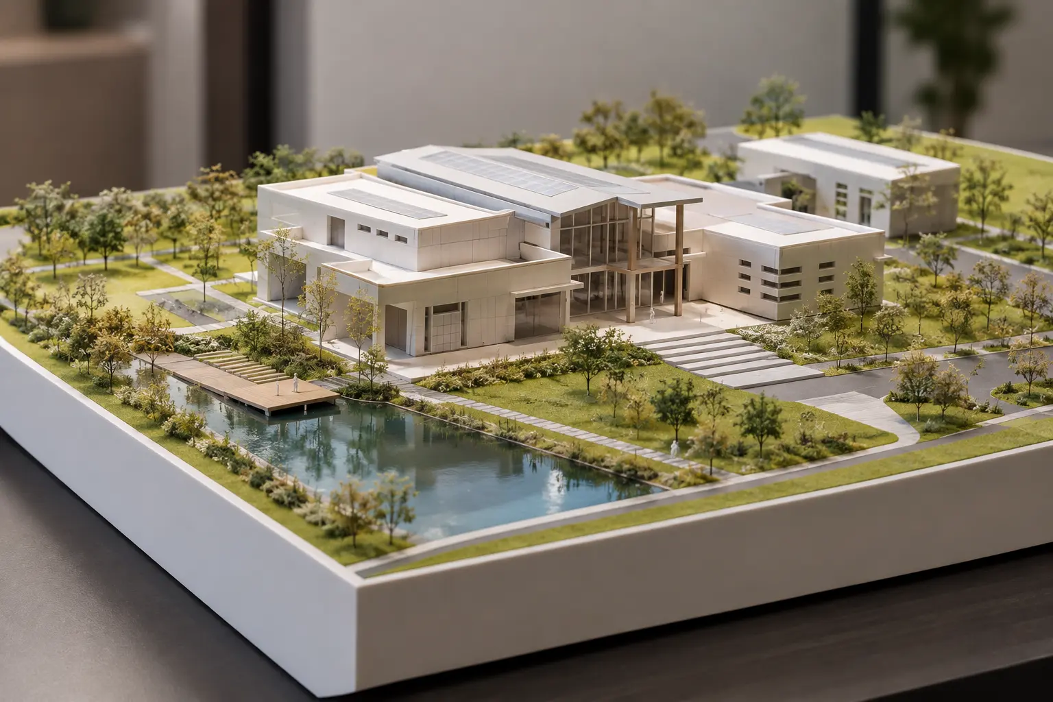 Maquette imprimée en 3D d'un bâtiment tertiaire avec aménagement paysager, bassin et végétation