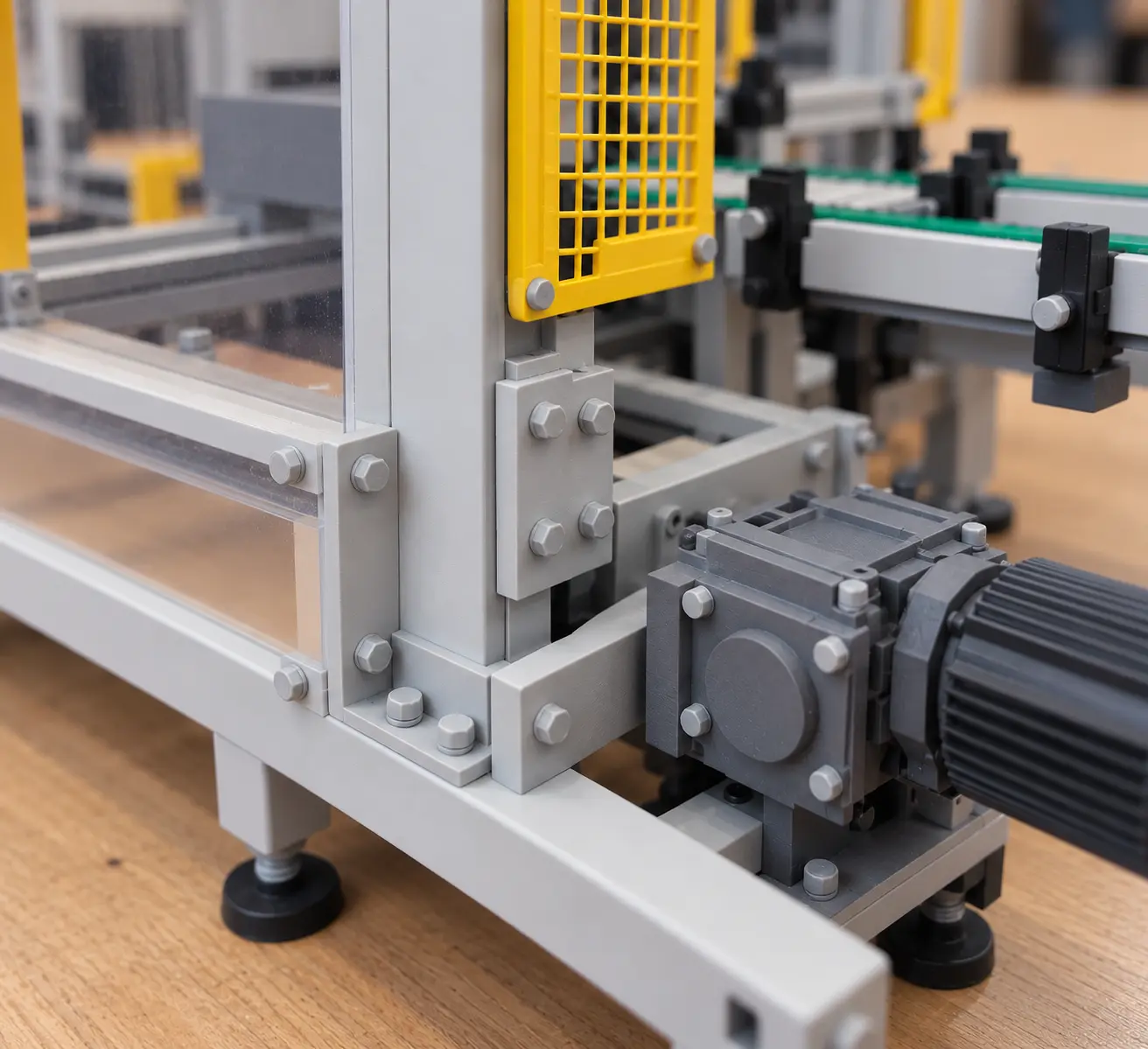 Gros plan sur la visserie apparente et le motoréducteur d'une maquette de machine imprimée en 3D