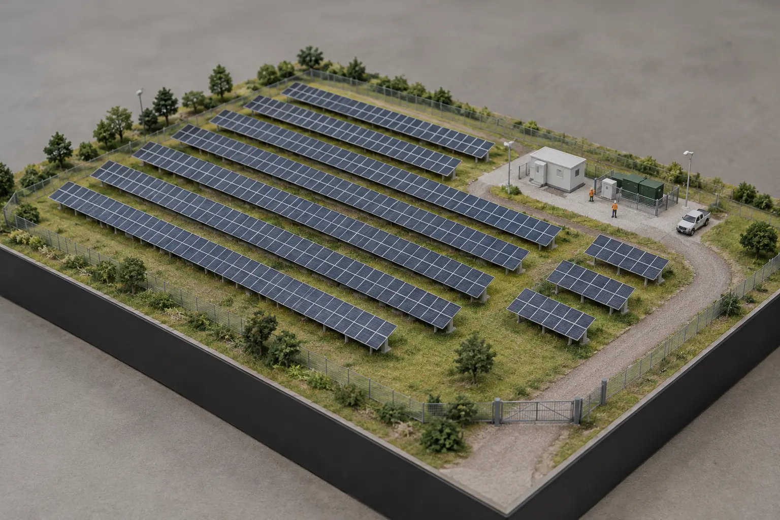 Maquette imprimée en 3D d'un parc photovoltaïque avec clôtures, poste de livraison et végétation