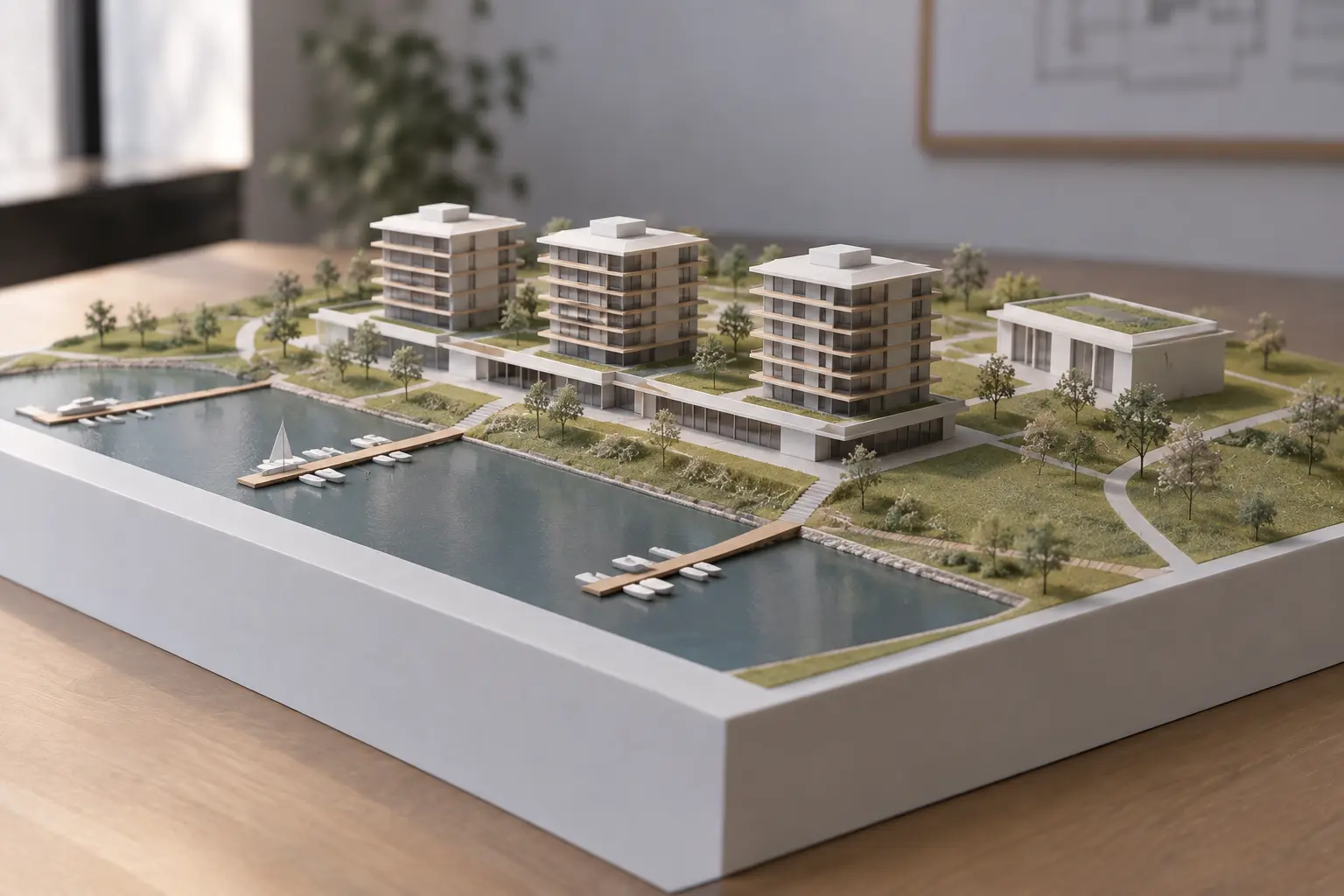 Maquette imprimée en 3D d'un projet immobilier en bord d'eau avec port de plaisance, pontons et espaces verts
