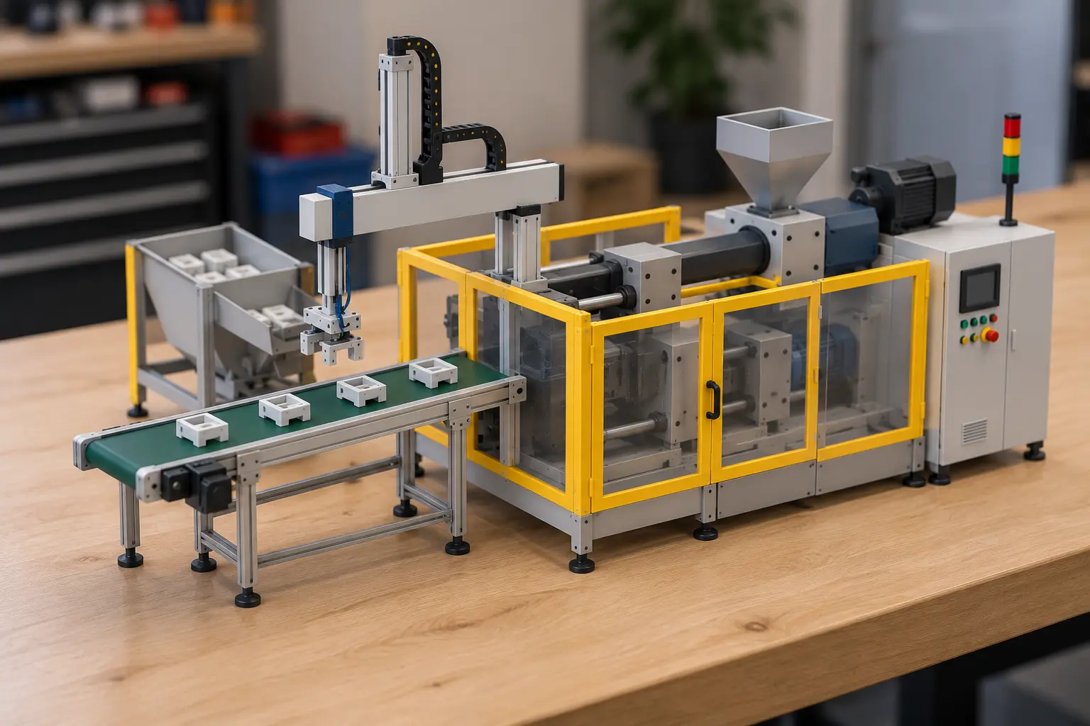 Réplique imprimée en 3D d'une presse à injecter avec robot de manutention et convoyeur