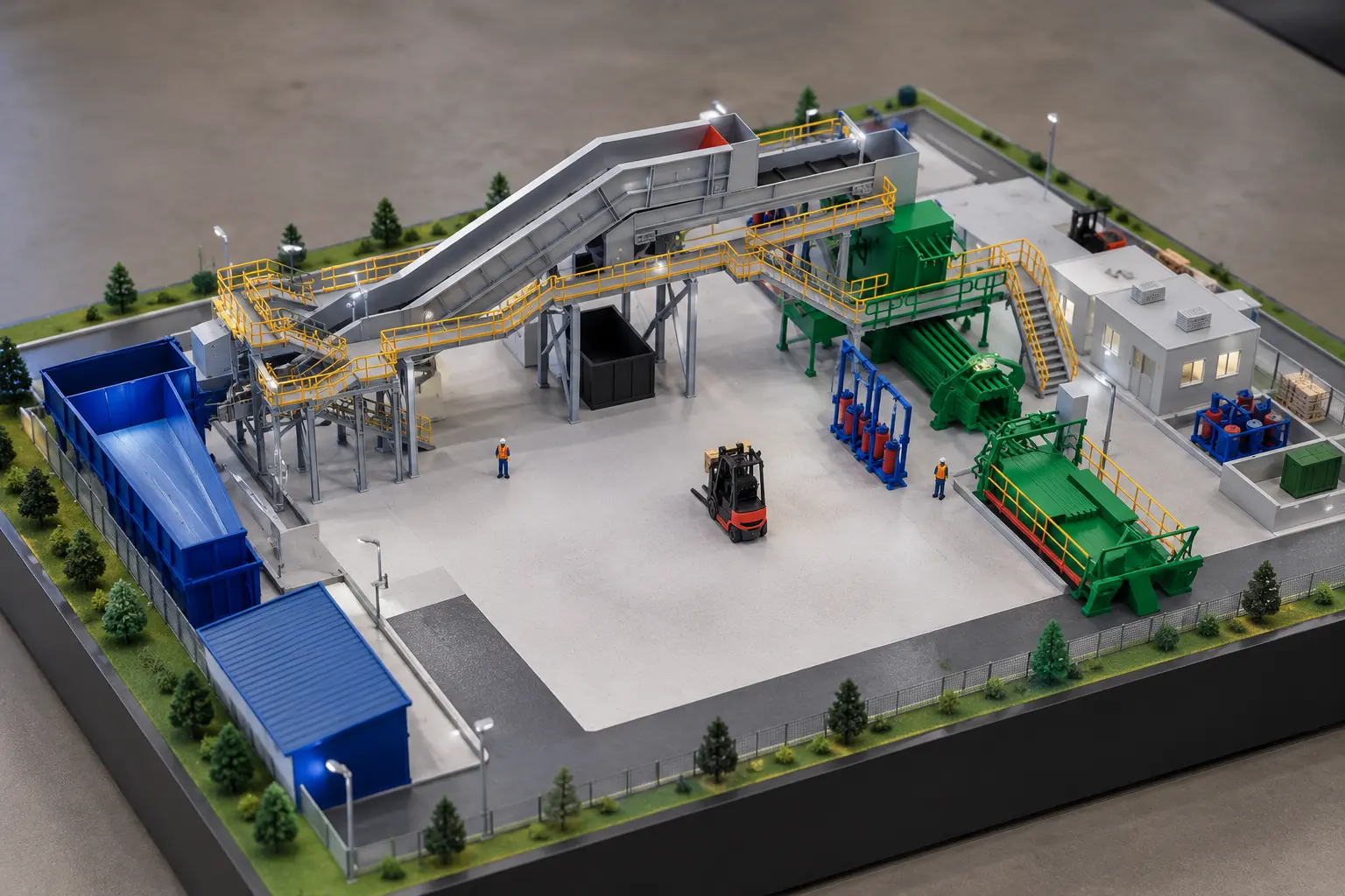 Maquette imprimée en 3D d'un site industriel de tri avec convoyeur, presses, chariot élévateur et personnages à l'échelle