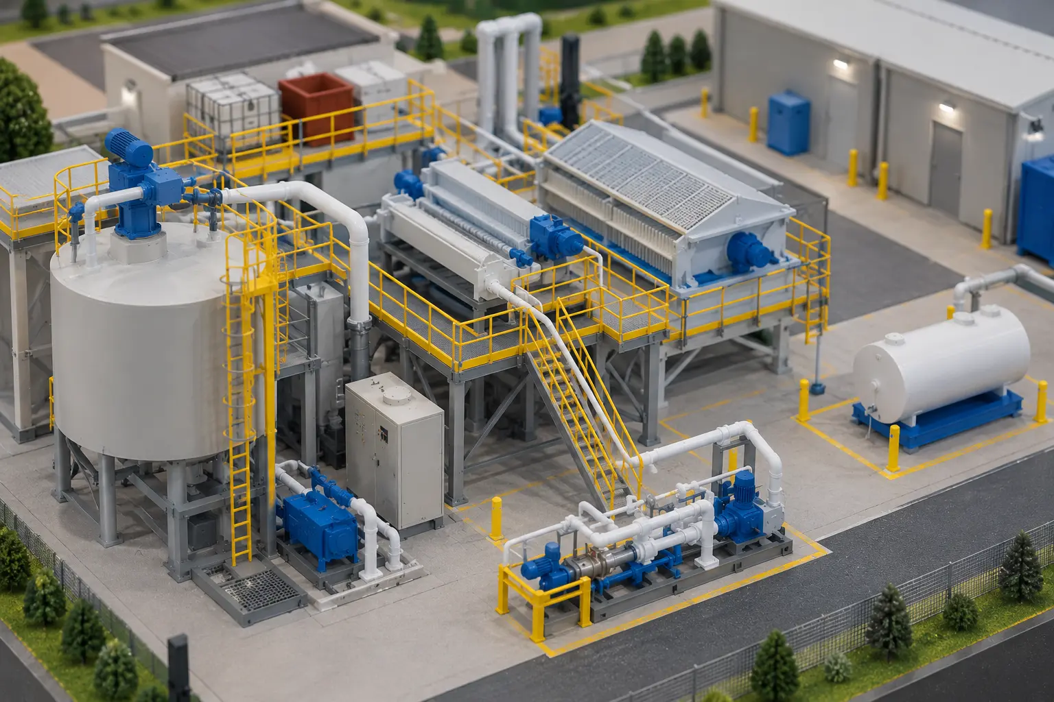 Maquette imprimée en 3D d'une unité de process industriel avec cuve, filtres-presses, pompes et garde-corps